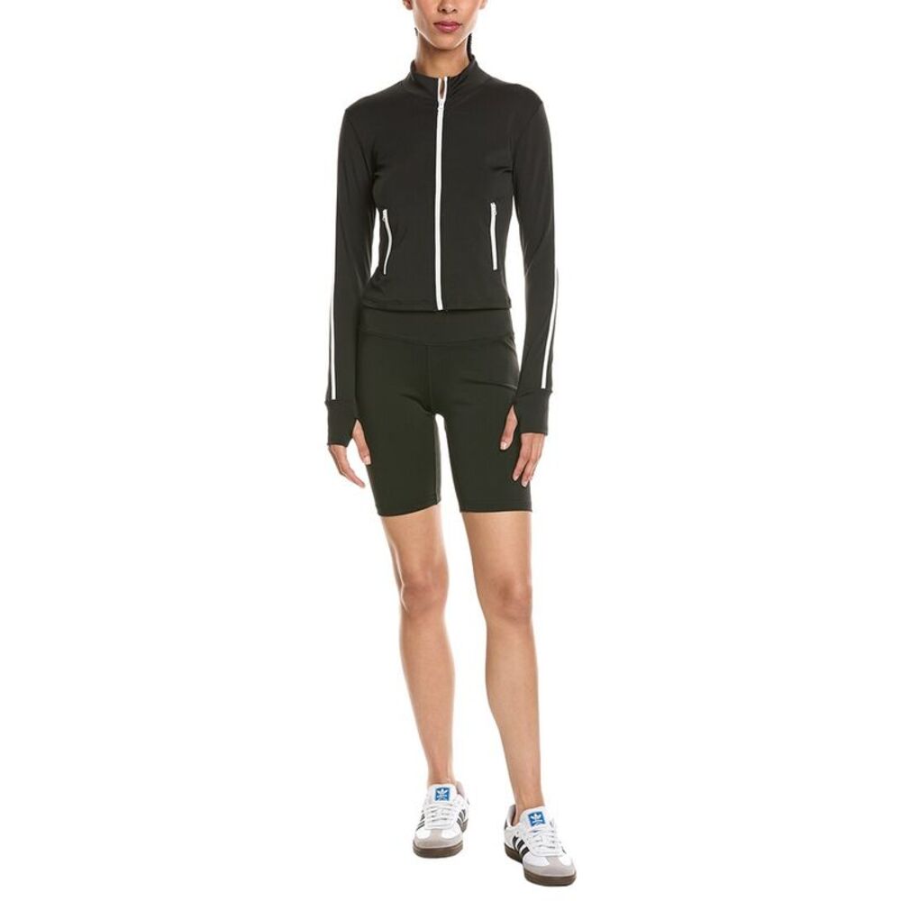 Marion Womens  2Pc 5.5In Yoga Fabric Contrast Jacket & Biker Short Set, Black